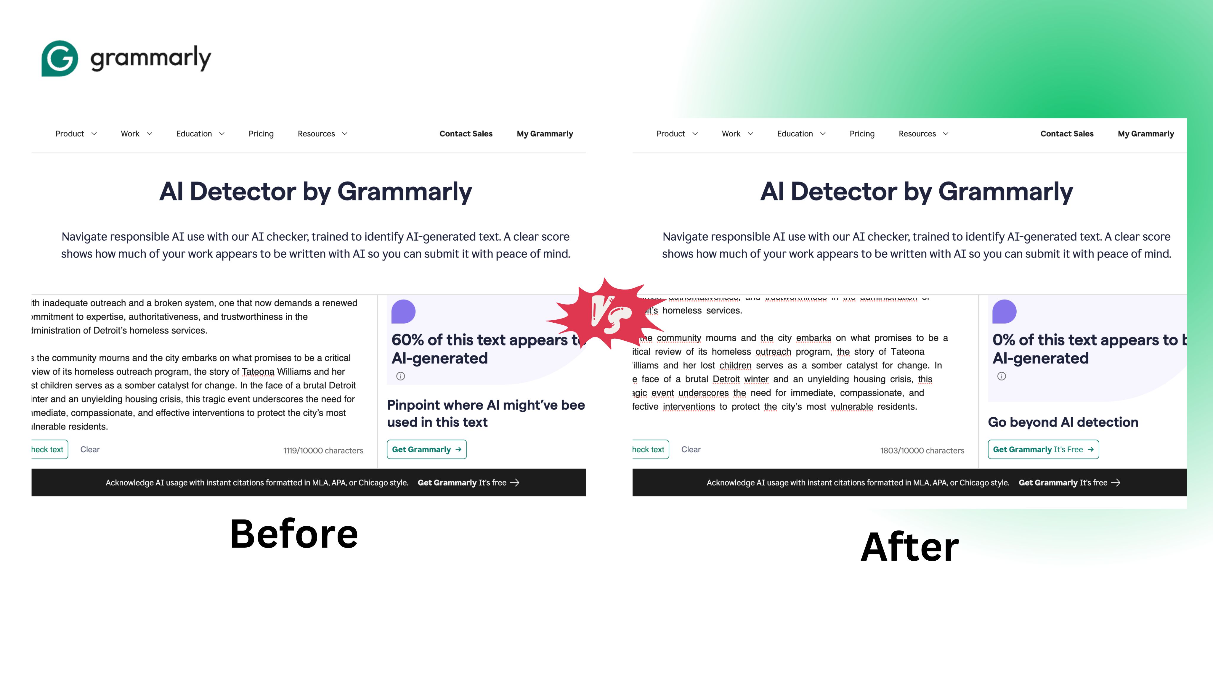 Screenshot showing successful AI content bypass on Grammarly.com - AI generated content bypass on Grammarly.com